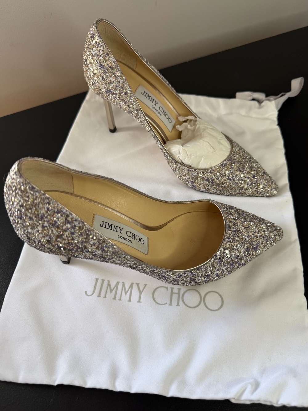 Jimmy Choo Romy 85 glitter pumps in “Platinum Mix”, size 35.5 or US Women’s 5.5